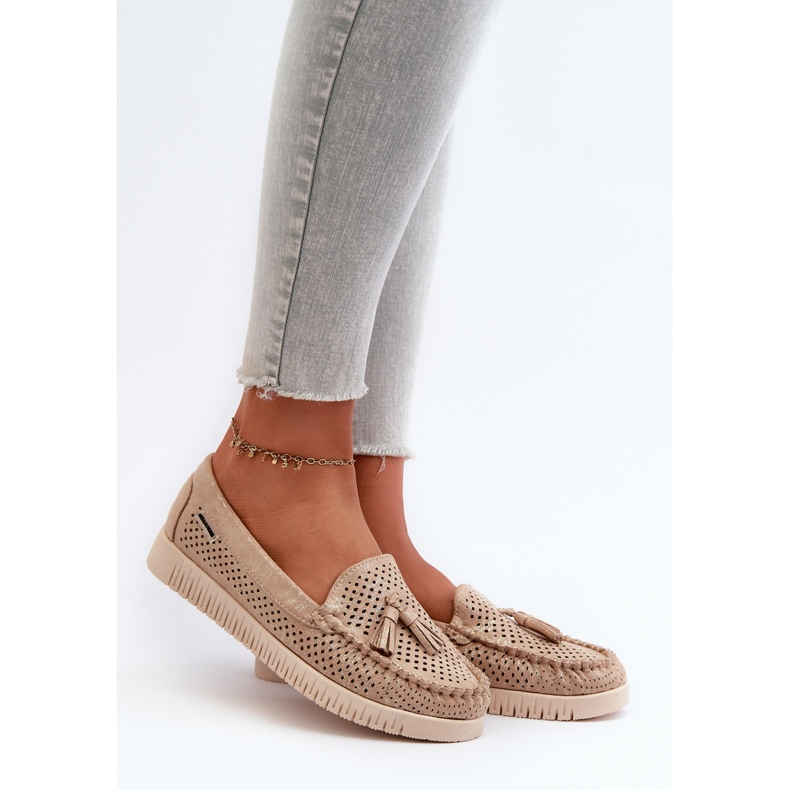 Mocasines de Mujer Calados en Ante Ecológico, Tinami Dorado 2