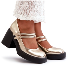 Zapatos de tacón de piel ecológica con tacones gruesos, Halmina dorada dorado 8