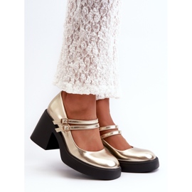 Zapatos de tacón de piel ecológica con tacones gruesos, Halmina dorada dorado 1