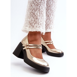 Zapatos de tacón de piel ecológica con tacones gruesos, Halmina dorada dorado 2