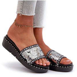 Chanclas de mujer con lentejuelas negro y plateado Rivanique plata 7
