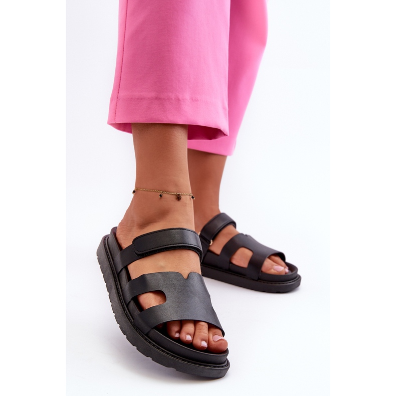 Chanclas Mujer Piel Ecológica con Velcro, Negro Silaka 2