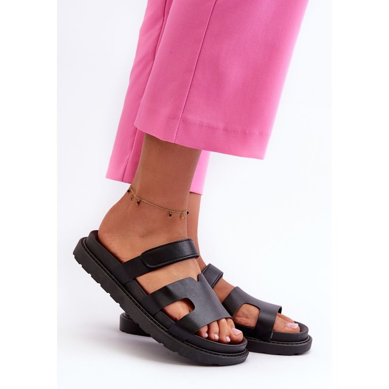 Chanclas Mujer Piel Ecológica con Velcro, Negro Silaka 1