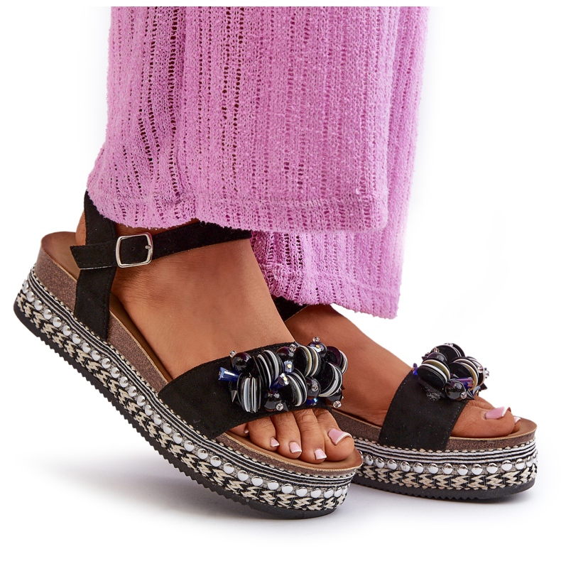 S.Barski Sandalias para mujeres en cuña y plataforma con decoraciones S. Barski Hy056 Negro 4