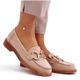 Vinceza Mocasines de mujer de ante beige con decoración dorada 4