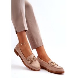Vinceza Mocasines de mujer de ante beige con decoración dorada 3