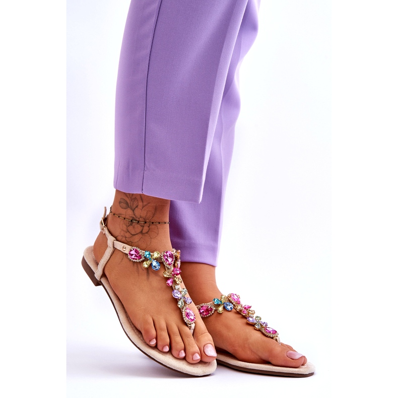 Sandalias chanclas de ante beige con pedrería 4