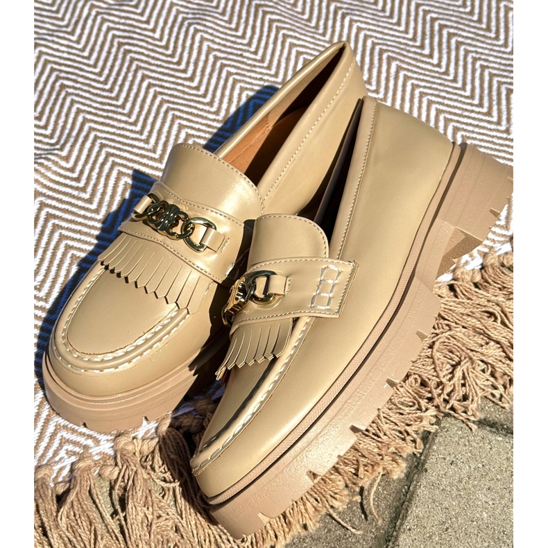 PH2 Mocasines Mujer Piel Ecológica Adorno Dorado, Beige Zanita 1