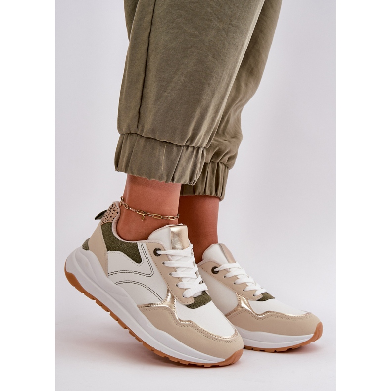 Deportivas de Mujer con Plataforma en Piel Ecológica, Beige y Verde Issatta 2