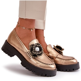 Mocasines Mujer Piel Decorado Flor Dorado CheBello 4520 9