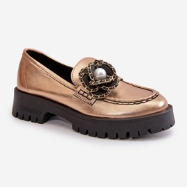 Mocasines Mujer Piel Decorado Flor Dorado CheBello 4520 3