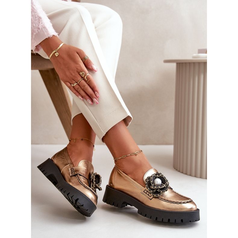 Mocasines Mujer Piel Decorado Flor Dorado CheBello 4520 2