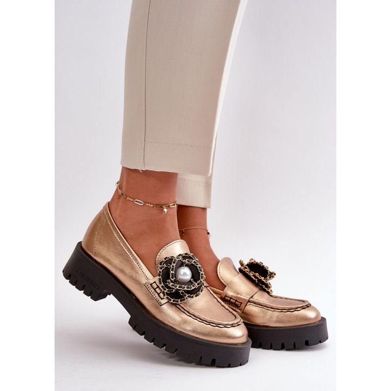 Mocasines Mujer Piel Decorado Flor Dorado CheBello 4520 1