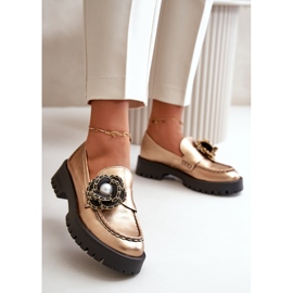 Mocasines Mujer Piel Decorado Flor Dorado CheBello 4520 5