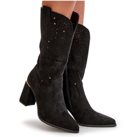 Botas De Mujer Caladas Con Tacón Alto Y Puntera En Punta, Ante Ecológico Negro Nevithra 10