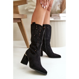 Botas De Mujer Caladas Con Tacón Alto Y Puntera En Punta, Ante Ecológico Negro Nevithra 2