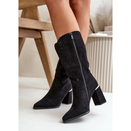 Botas De Mujer Caladas Con Tacón Alto Y Puntera En Punta, Ante Ecológico Negro Nevithra 5