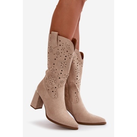 Botas De Mujer Caladas Con Tacón Alto Y Puntera En Punta, Ante Ecológico Beige Nevithra 1