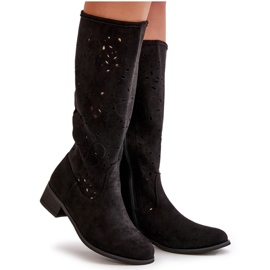 Botas De Mujer Caladas Con Tacón Bajo Ante Ecológico Con Cremallera Orquídeas Negras negro 9