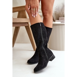Botas De Mujer Caladas Con Tacón Bajo Ante Ecológico Con Cremallera Orquídeas Negras negro 3