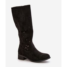 Botas De Mujer Caladas Con Tacón Bajo Ante Ecológico Con Cremallera Orquídeas Negras negro 7