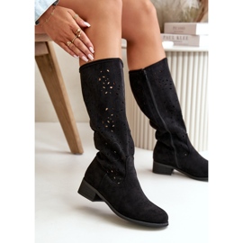 Botas De Mujer Caladas Con Tacón Bajo Ante Ecológico Con Cremallera Orquídeas Negras negro 8