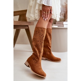 Botas Mujer Tacón Calado Ante Ecológico Cierre Cremallera Camel Orquídeas marrón 2