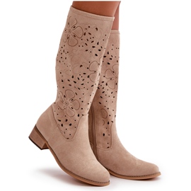 Botas De Mujer Caladas Con Tacón Bajo Ante Ecológico Con Cremallera Beige Orquídeas 9