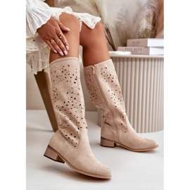 Botas De Mujer Caladas Con Tacón Bajo Ante Ecológico Con Cremallera Beige Orquídeas 7