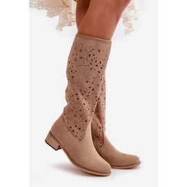 Botas De Mujer Caladas Con Tacón Bajo Ante Ecológico Con Cremallera Orquídeas Beige Oscuro 1