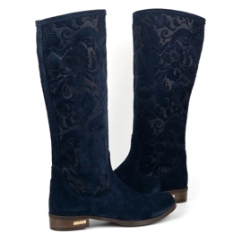 Olivier Botas de mujer de ante confeccionadas en piel natural con flores Emma grabadas, azul marino 2