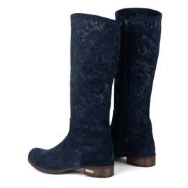 Olivier Botas de mujer de ante confeccionadas en piel natural con flores Emma grabadas, azul marino 3