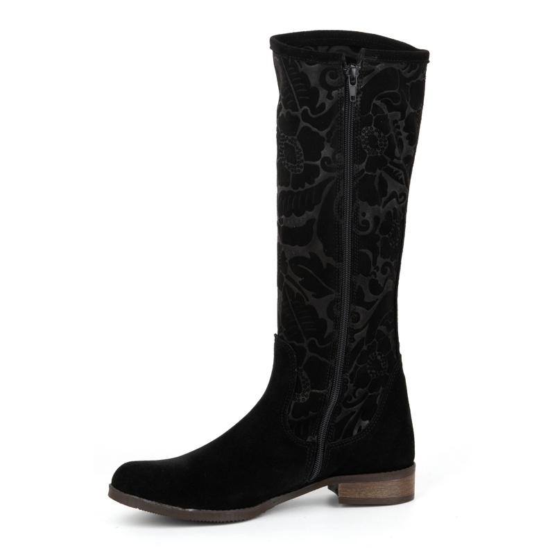 Olivier Botas de mujer de ante fabricadas en piel natural con flores Emma grabadas, negro 1