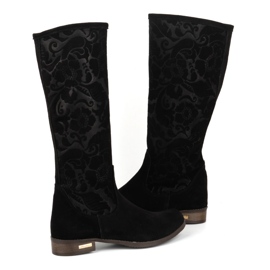 Olivier Botas de mujer de ante fabricadas en piel natural con flores Emma grabadas, negro 3