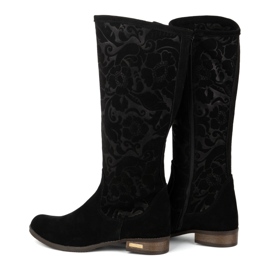 Olivier Botas de mujer de ante fabricadas en piel natural con flores Emma grabadas, negro 4