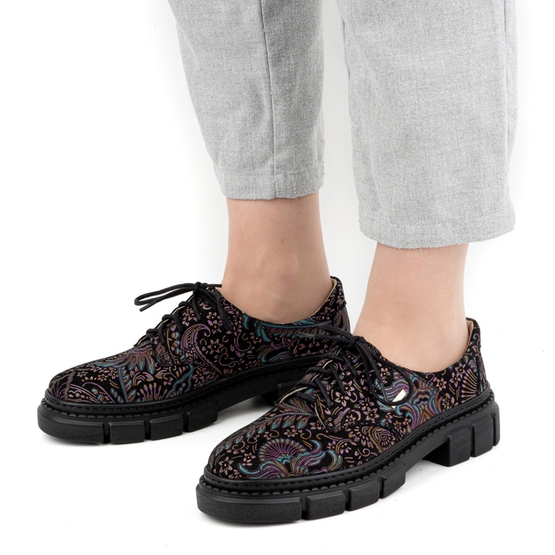 Olivier Zapatos de mujer de piel con suela gruesa, flores 1134, turquesa multicolor 1