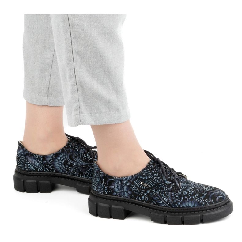 Olivier Zapatos de mujer de piel con suela gruesa, flores 1134, azul multicolor 1