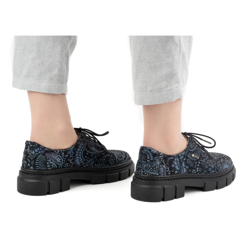 Olivier Zapatos de mujer de piel con suela gruesa, flores 1134, azul multicolor 2