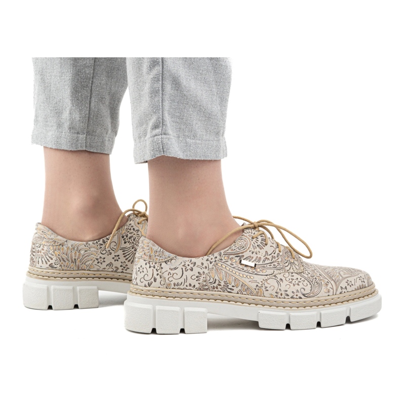 Olivier Zapatos de mujer de piel con suela gruesa, flores 1134, beige 2