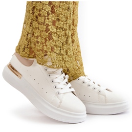 Zapatillas Deportivas de Mujer con Plataforma Baja en Piel Ecológica, Blanco y Beige, Nevelena 10
