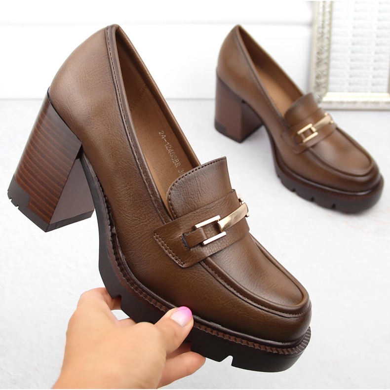 Zapatos mocasín de mujer marrones con tacón alto, Potocki 12465 marrón 1