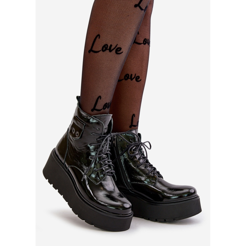 Zazoo 60499 Botas De Mujer Charol Con Plataforma Y Cuña Cálidas Piel Natural Verde Oscuro negro 1