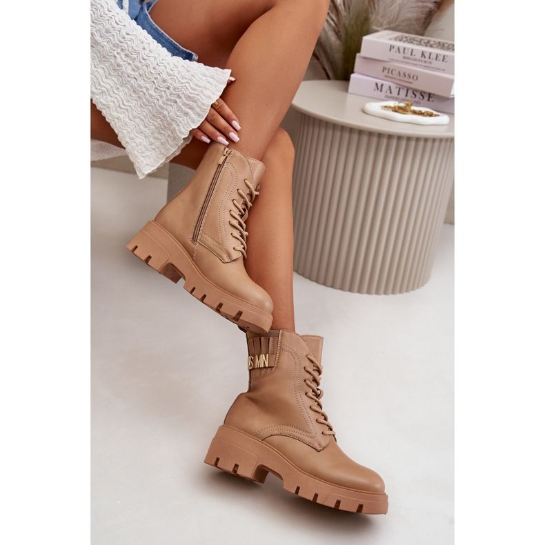 Botines Worker Mujer Con Cremallera, Cordones, Piel Ecológica Beige Naolani 2