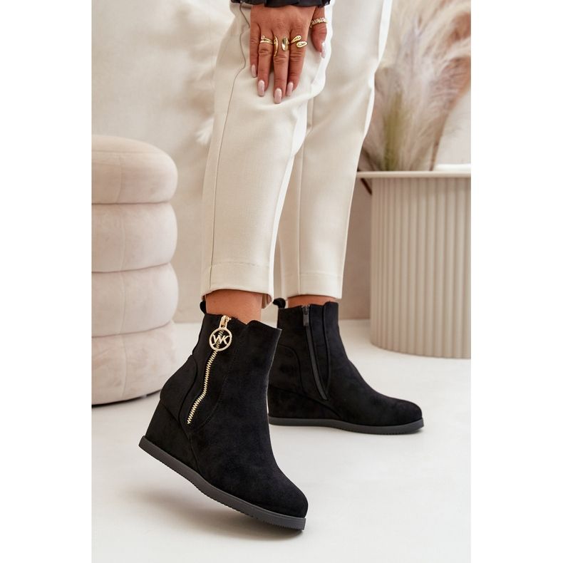 Botas de cuña aislantes con cremallera decorativa, Ante Eco, Negro Leretha 2 Botas de cuña aislantes con cremallera decorativa, Ante Eco, Negro Leretha 2