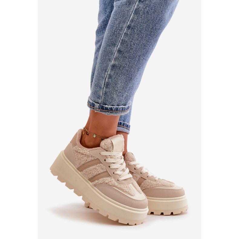 Zapatillas Deportivas De Mujer Beige Con Plataforma Y Piel De Oveja Daivlene 1