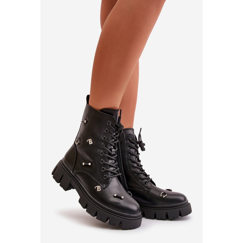 Botas Obreras Mujer Con Adornos, Piel Ecológica, Cadenilla Negra negro 1