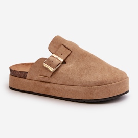 Zuecos de Mujer con Plataforma y Hebilla Dorada, Terilaina Beige Oscuro 4