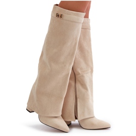 Botas De Mujer De Ante Ecológico Con Parte Superior Vuelta Y Tacón Alto Beige Bralise 15