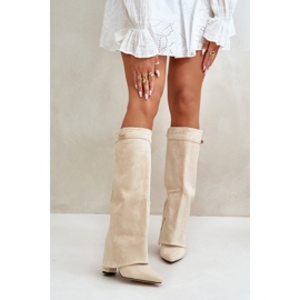 Botas De Mujer De Ante Ecológico Con Parte Superior Vuelta Y Tacón Alto Beige Bralise 8