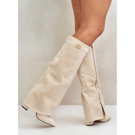 Botas De Mujer De Ante Ecológico Con Parte Superior Vuelta Y Tacón Alto Beige Bralise 11
